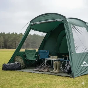 A large porch area of a 4-person tent showing space for storing muddy hiking boots and camping chairs.