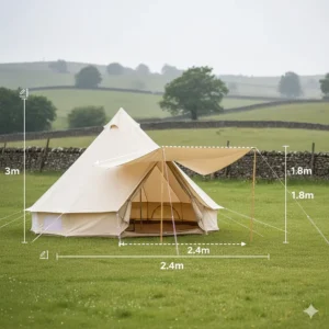 Technical diagram showing the height and width dimensions of a universal bell tent awning extension.
