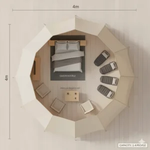 Technical drawing showing the 4m bell tent dimensions and floor space, demonstrating room for a double bed or four sleeping bags.