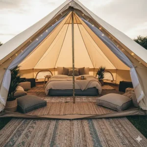 Interior view of a 4m bell tent styled with bohemian rugs, cushions, and fairy lights for a luxury British staycation.