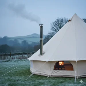 A 4m bell tent fitted with a stove jack for a wood-burning stove, ideal for winter camping in the UK.