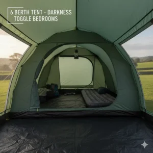 Internal view of a 6 berth tent showing darkened bedroom toggles and a central living area.