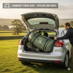 A 6 person tent packed away in its wheeled carry bag inside a standard UK hatchback car boot.