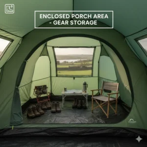 An enclosed porch area of a 6 person tent used for storing muddy hiking boots and camping chairs.