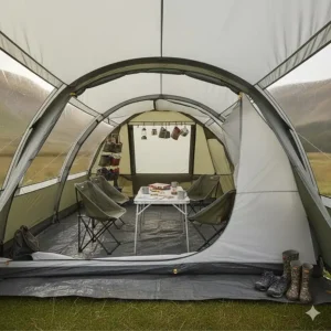 Interior view of the best 8 person tent in the UK, featuring a large central living area and separate sleeping compartments.
