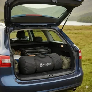 A compact carry bag containing an 8-berth tent being loaded into a standard UK family car boot.