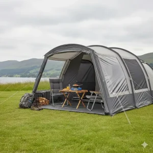 A large air beam tent featuring an integrated front porch area, ideal for outdoor cooking and storing wet gear.