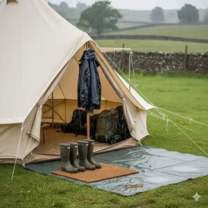 Wellie boots and rucksacks stored neatly under a bell tent awning to keep the main tent clean.