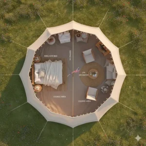 Illustration showing the spacious interior floor plan of a 5m bell tent with a king-size bed and furniture.