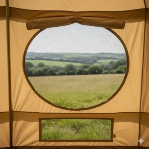 Close-up illustration of zipped mesh windows and air vents for airflow during a British summer.