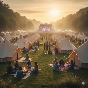 A group of bell tents arranged in a village layout, ideal for UK music festivals or weddings.