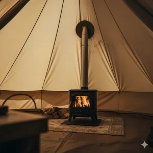 Diagram of a bell tent fitted with a flue flap and a wood-burning stove for winter camping in the UK.