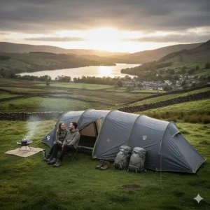 A spacious 4-person tent pitched in the British Lake District during a clear sunset, showcasing the best 4-person tent for UK weather.