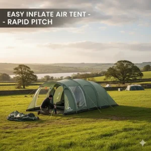 An inflatable 6 person air tent being pitched quickly using a manual pump on a grass pitch.