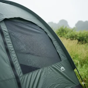 Detailed view of mesh ventilation panels designed to reduce condensation inside a 4-man tent during humid UK summers.