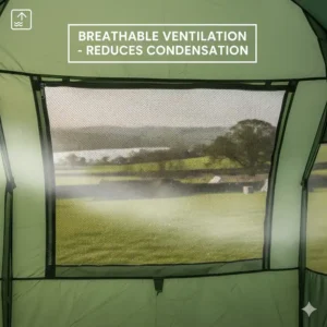 Close-up of mesh ventilation panels on a 6 man tent to prevent condensation in UK humidity.