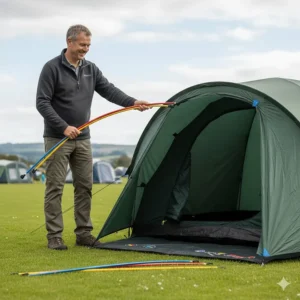 A person using colour-coded poles to demonstrate how to pitch the best 4-person tent in the UK quickly.