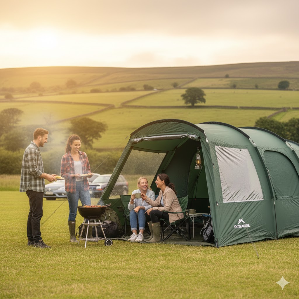 A group of four friends enjoying a BBQ outside a large 4-person tunnel tent at a Peak District campsite. best 4 person tent uk