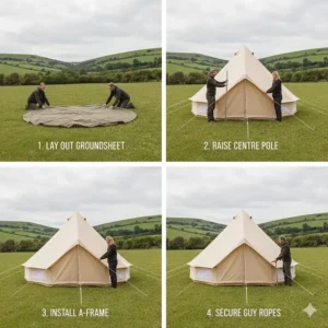 A step-by-step guide to pitching a bell tent including the centre pole and A-frame entrance.