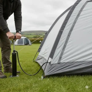 A close-up of a manual pump inflating the sturdy air beams of a modern family tent at a British campsite.