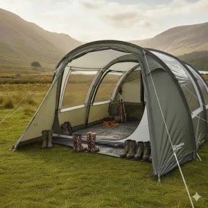 A sheltered porch area on a large family tent, perfect for storing muddy wellies and camping gear out of the rain.