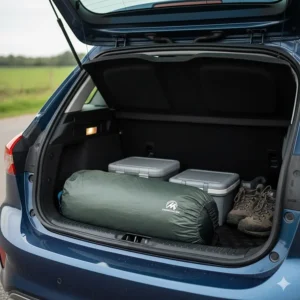 A compact, lightweight 4-person tent packed into the boot of a standard UK hatchback for a weekend trip.