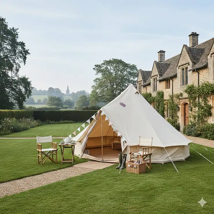 A classic 4m bell tent made of cream canvas pitched in a green English garden with bunting, suitable for UK glamping.