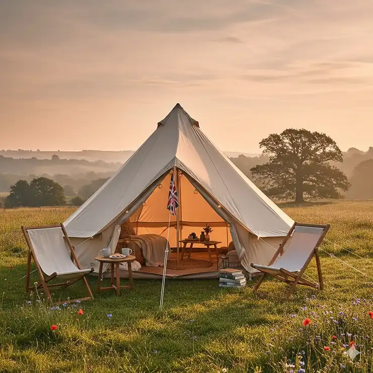 A large canvas bell tent set up for luxury glamping in a green English meadow at sunset.