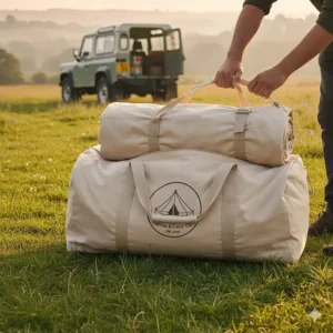Illustration of a bell tent packed down into its matching canvas carry bag for easy transport.