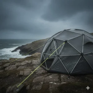 A family tent with a geodesic pole structure designed to withstand high winds on British coastal campsites.