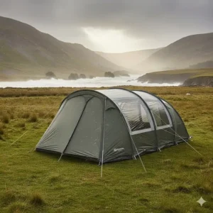 Diagram showing the aerodynamic shape and sturdy guy line points of a top-rated 8-person tent for windy UK coastal camping.