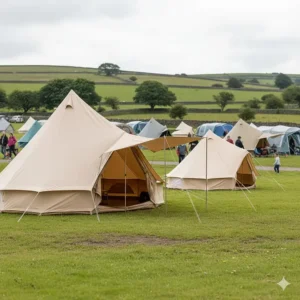 A versatile bell tent awning compatible with various canvas tent sizes, shown pitched at a British campsite.