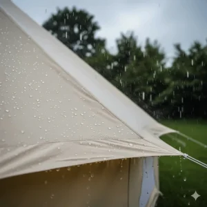 Close-up of rain droplets on the waterproof canvas of a 4m bell tent, highlighting its suitability for the UK climate.