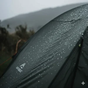 Close-up of rain beads on a high-quality tent flysheet, demonstrating the waterproof durability needed for British weather.