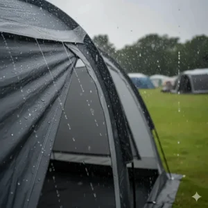 Rainwater beading on the high-quality waterproof flysheet of an air beam tent during a typical UK shower.
