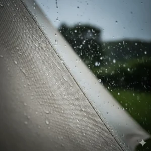Illustration of heavy-duty waterproof cotton canvas shedding rain, highlighting British weather resistance.
