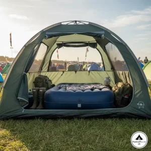 Inside a spacious 2-man pop up tent showing enough room for a double airbed and festival rucksacks.