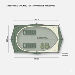 Technical diagram showing the interior floor space and porch width of a 2 person backpacking tent.