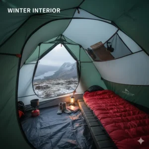 Inside a 4-season tent showing a thick sleeping mat and winter sleeping bag, highlighting the spacious living area for long winter nights.