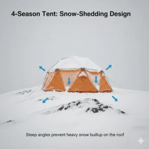 An illustration showing how the steep angles of a 4-season tent prevent heavy snow buildup on the roof during a British winter.