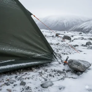 Close-up of protective snow skirts on the base of a 4-season tent to prevent spindrift and draughts in arctic conditions.