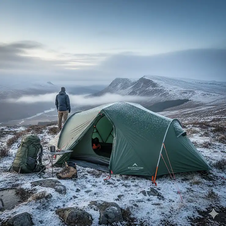 A durable 4-season tent pitched on a snowy ridge in the Scottish Highlands during winter, designed to withstand gale-force winds and heavy snowfall. 4 season tent
