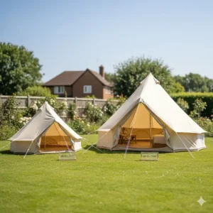 A spacious bell tent pitched in a large garden with the door open to show the internal living space and size.