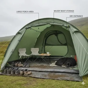 Illustration of a large tent porch and awning area with dedicated space for muddy walking boots and waterproof jackets, ideal for UK hiking trips.