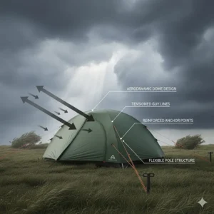 Illustration of an aerodynamic dome tent with tensioned guy lines for stability in windy UK weather.
