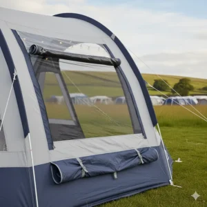 Close-up of low-level ventilation points and mesh windows on an inflatable tent to prevent condensation.