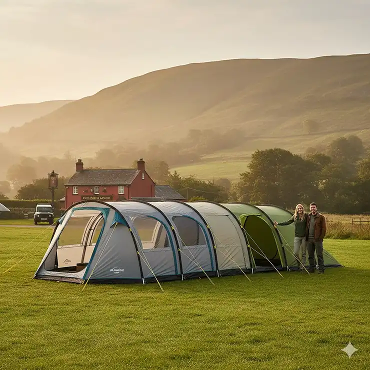 A side-by-side comparison of a modern inflatable air tent and a traditional poled tunnel tent pitched on a green UK campsite. air tent vs poled tent