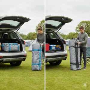 Comparison of the folded pack sizes of an inflatable tent and a poled tent, showing the difference in weight and storage space.