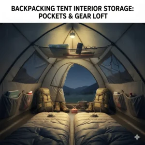 Inside view of a 2 person backpacking tent showing internal storage pockets and overhead gear loft for hiking kit.