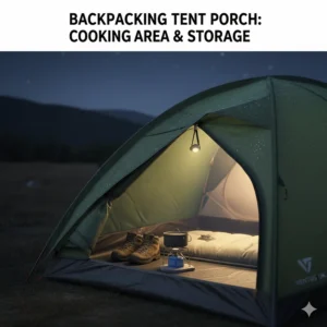 Illustration of a 2 person backpacking tent vestibule with hiking boots and a camping stove stored safely.